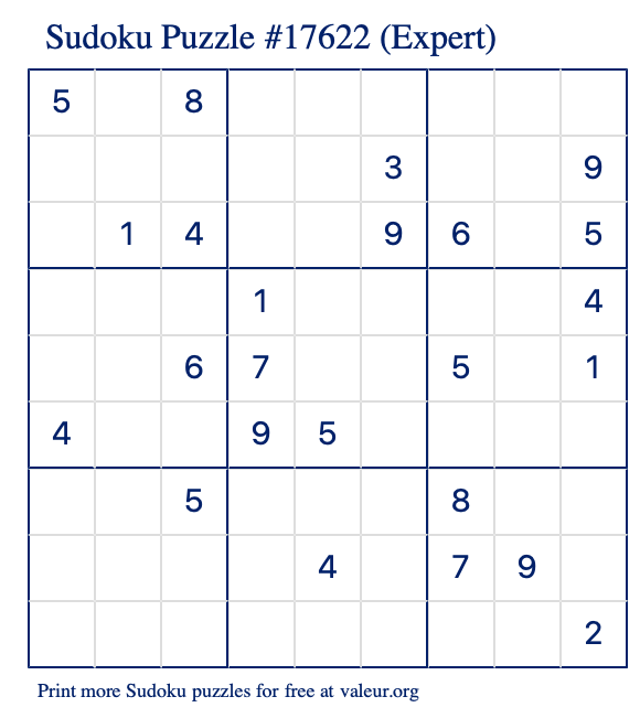 Free Printable Expert Sudoku Puzzle number 17622