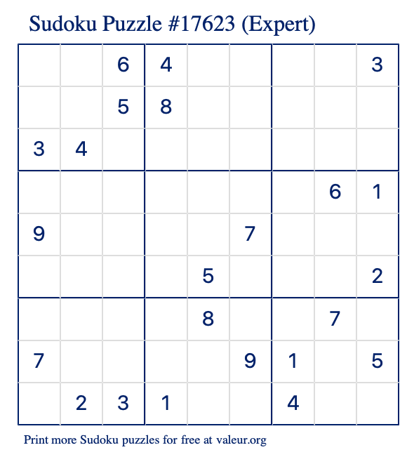 Free Printable Expert Sudoku Puzzle number 17623