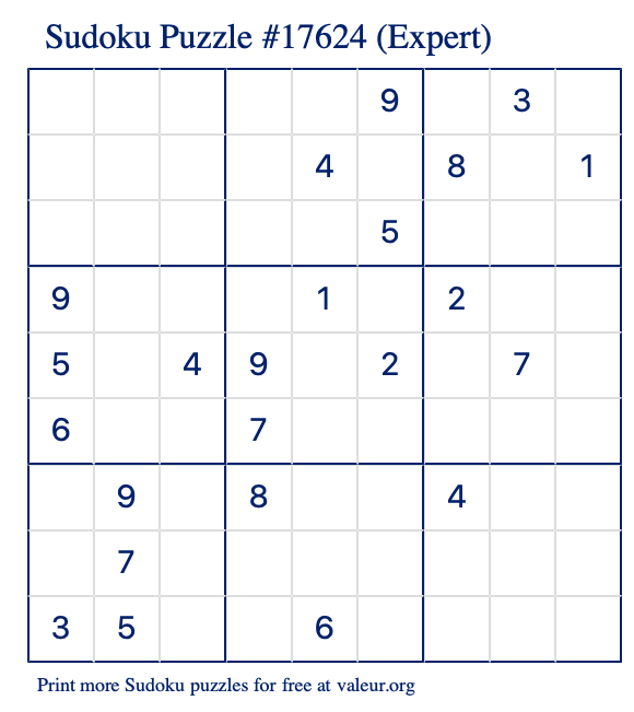 Free Printable Expert Sudoku Puzzle number 17624