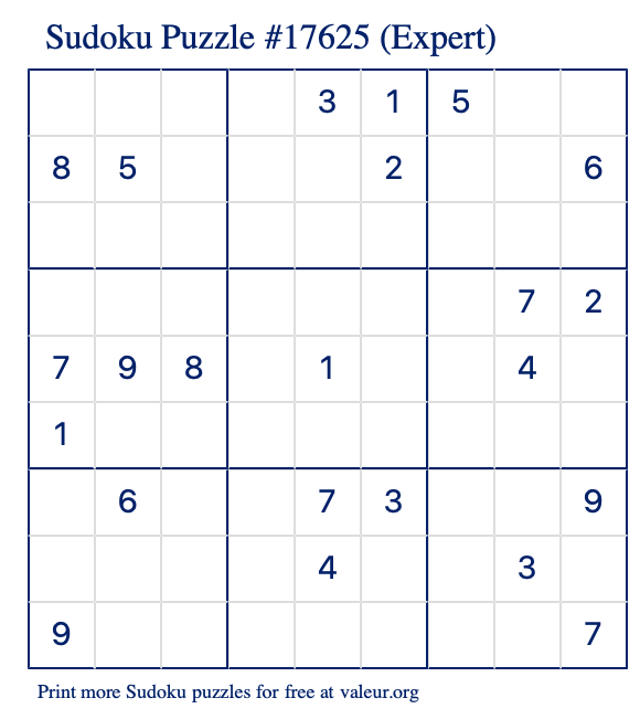 Free Printable Expert Sudoku Puzzle number 17625