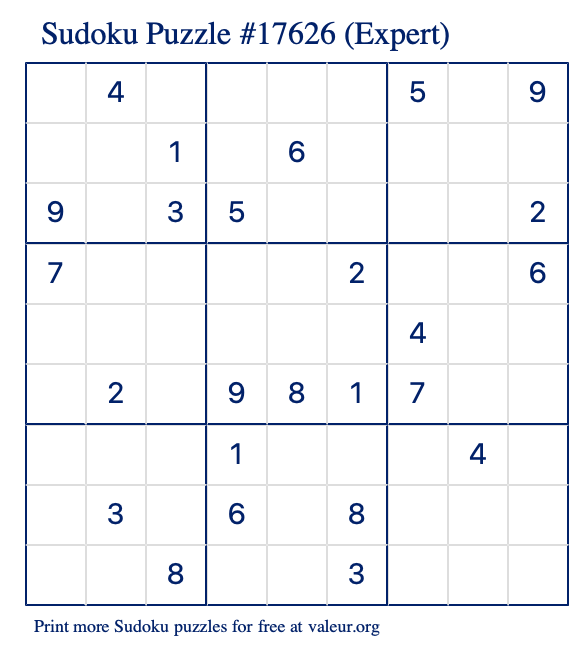 Free Printable Expert Sudoku Puzzle number 17626