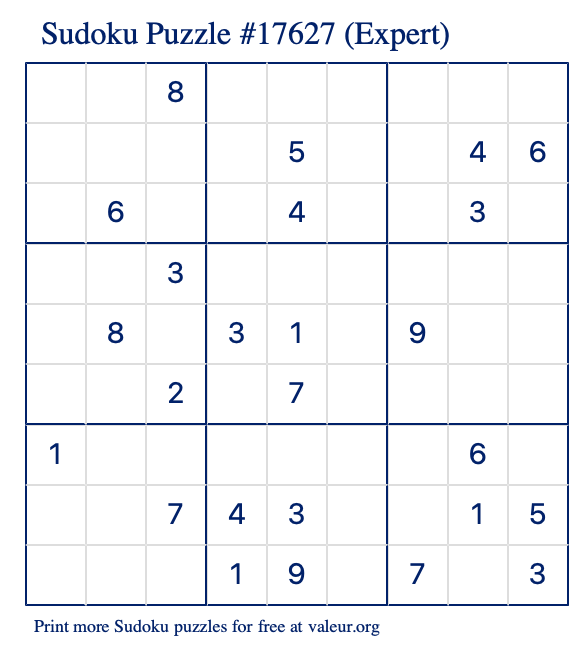 Free Printable Expert Sudoku Puzzle number 17627