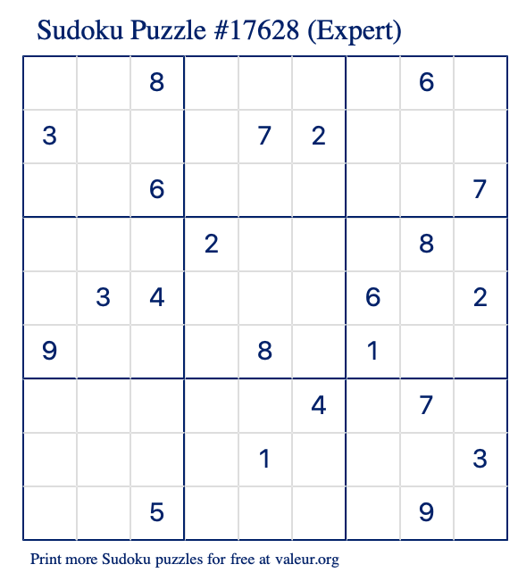 Free Printable Expert Sudoku Puzzle number 17628