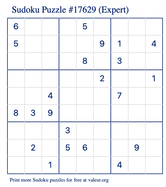 Free Printable Expert Sudoku Puzzle number 17629