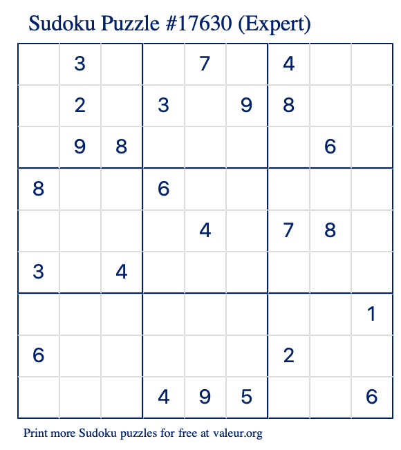 Free Printable Expert Sudoku Puzzle number 17630