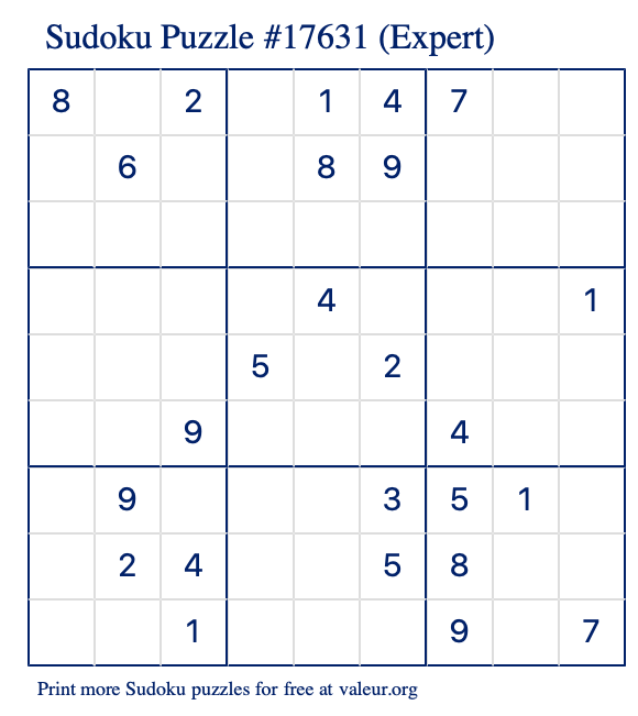 Free Printable Expert Sudoku Puzzle number 17631