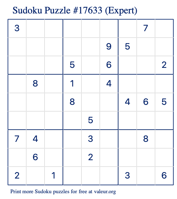 Free Printable Expert Sudoku Puzzle number 17633