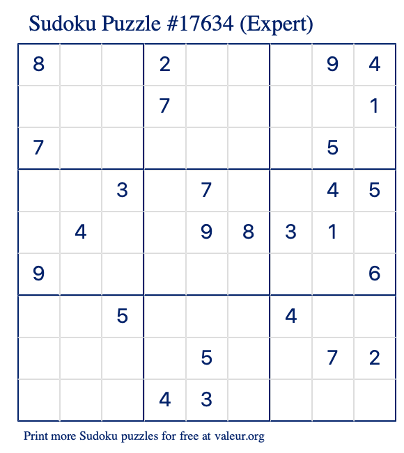 Free Printable Expert Sudoku Puzzle number 17634