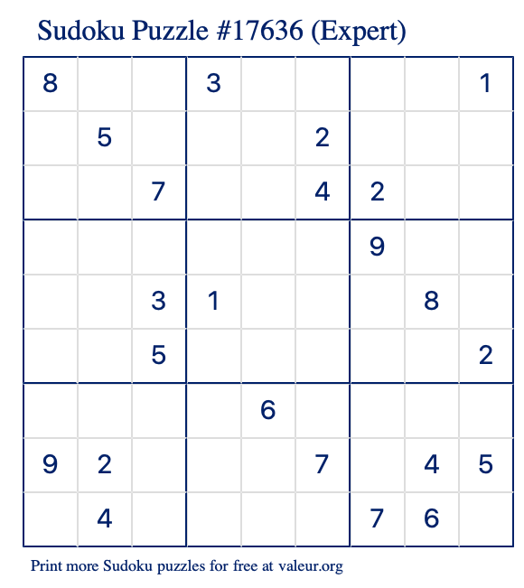Free Printable Expert Sudoku Puzzle number 17636