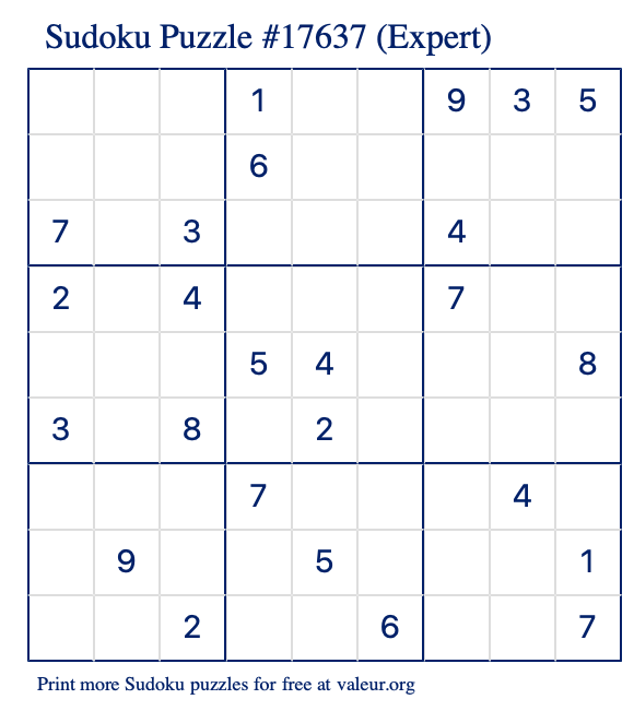 Free Printable Expert Sudoku Puzzle number 17637