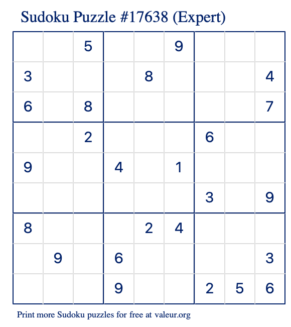 Free Printable Expert Sudoku Puzzle number 17638