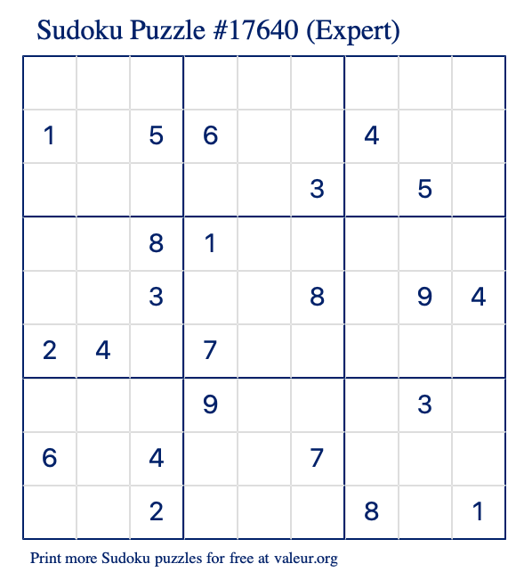 Free Printable Expert Sudoku Puzzle number 17640