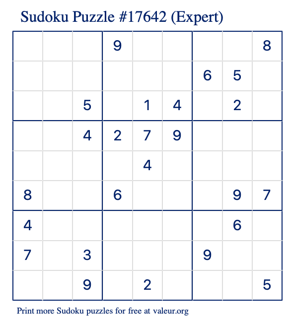 Free Printable Expert Sudoku Puzzle number 17642