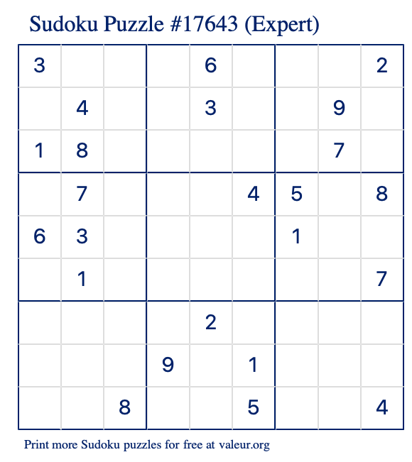 Free Printable Expert Sudoku Puzzle number 17643