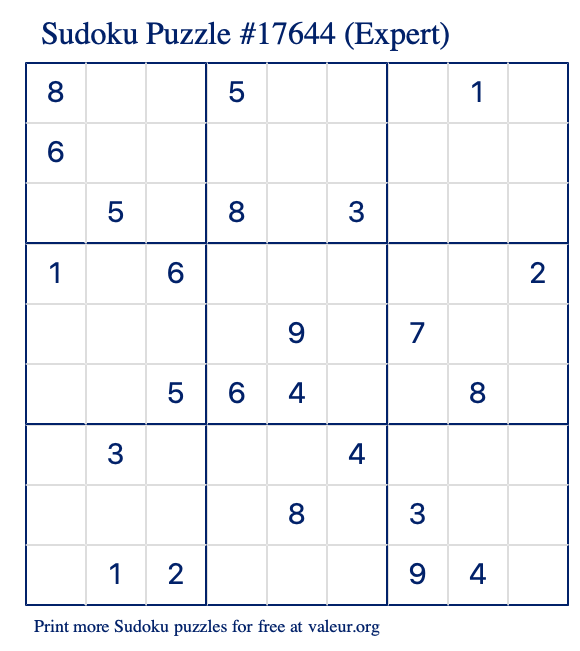 Free Printable Expert Sudoku Puzzle number 17644