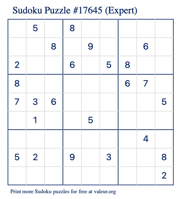 Free Printable Expert Sudoku Puzzle number 17645