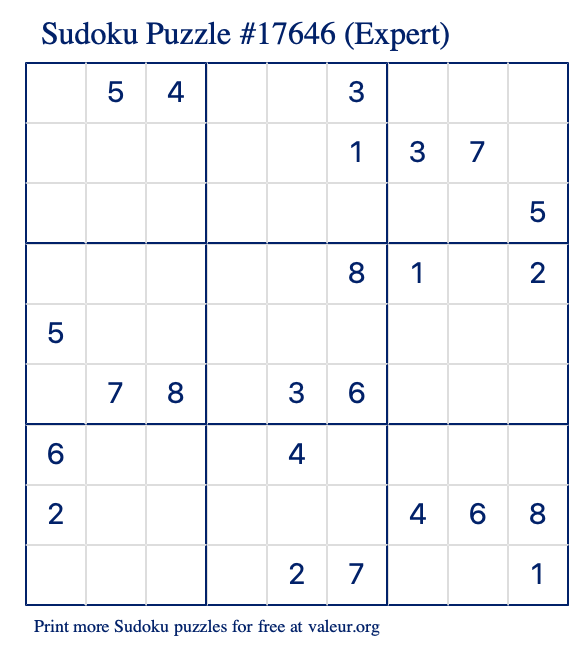 Free Printable Expert Sudoku Puzzle number 17646