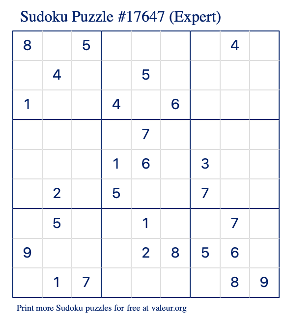 Free Printable Expert Sudoku Puzzle number 17647