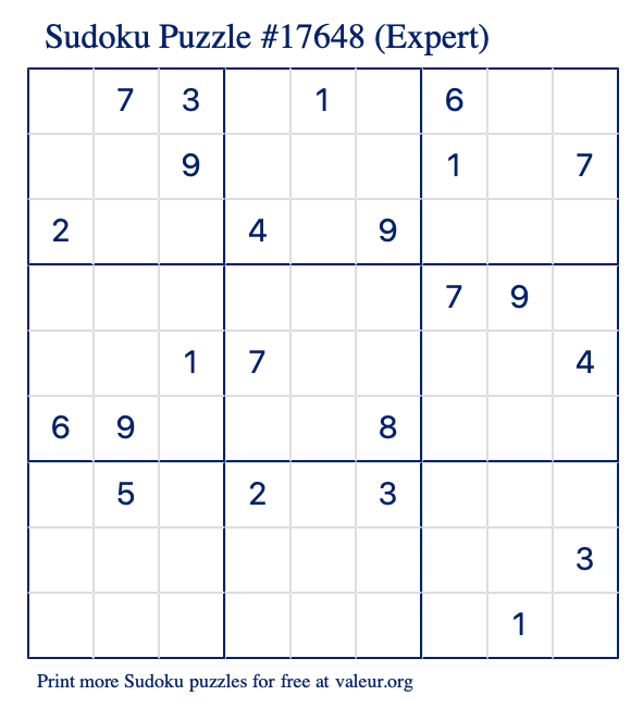 Free Printable Expert Sudoku Puzzle number 17648