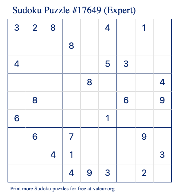 Free Printable Expert Sudoku Puzzle number 17649