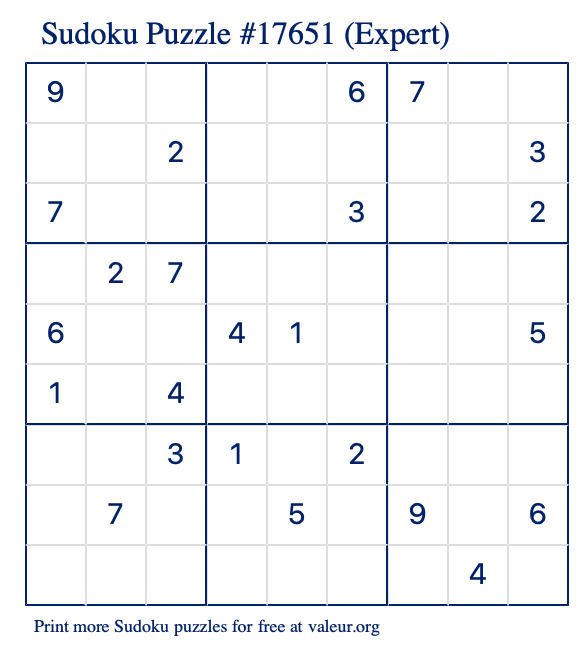 Free Printable Expert Sudoku Puzzle number 17651