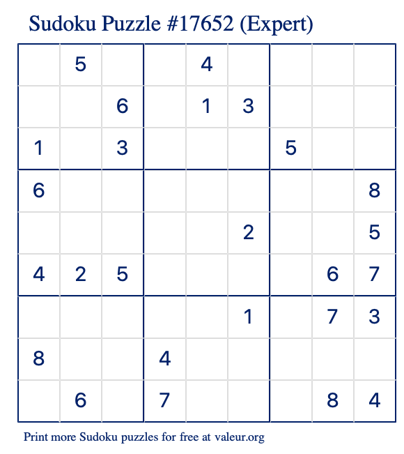 Free Printable Expert Sudoku Puzzle number 17652