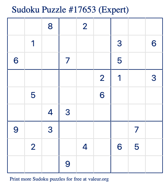 Free Printable Expert Sudoku Puzzle number 17653