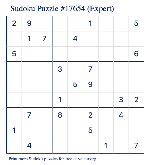 Free Printable Expert Sudoku Puzzle number 17654