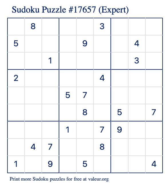 Free Printable Expert Sudoku Puzzle number 17657