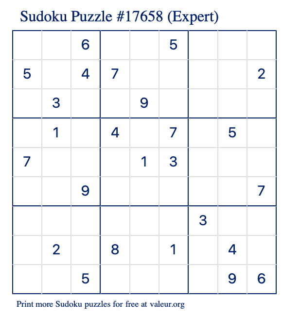 Free Printable Expert Sudoku Puzzle number 17658