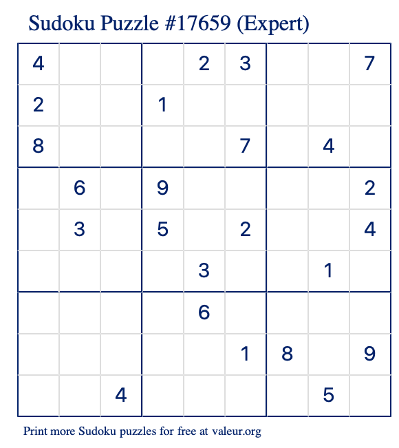 Free Printable Expert Sudoku Puzzle number 17659