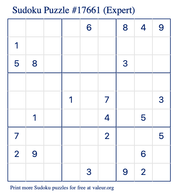 Free Printable Expert Sudoku Puzzle number 17661