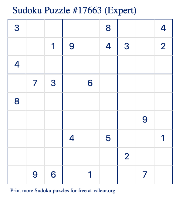 Free Printable Expert Sudoku Puzzle number 17663