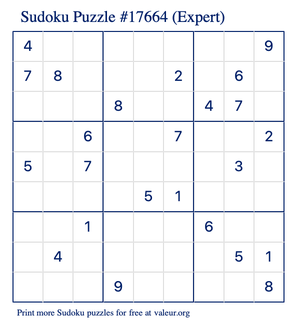 Free Printable Expert Sudoku Puzzle number 17664