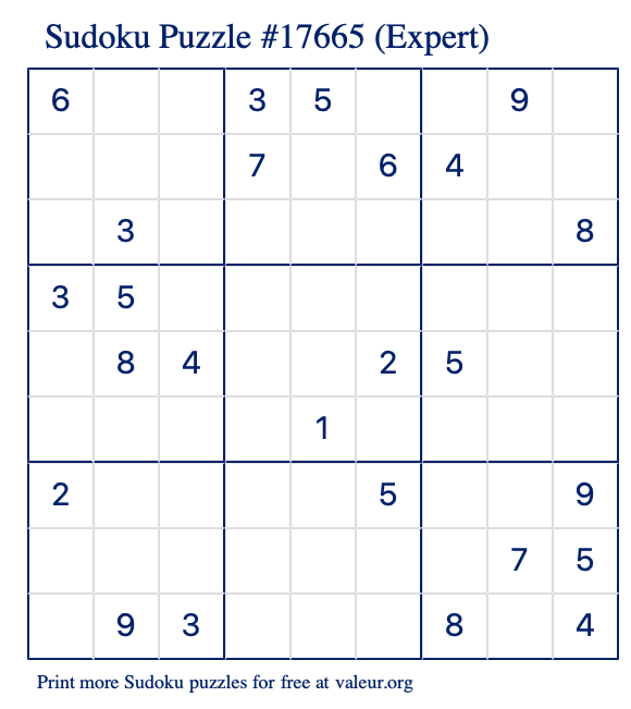 Free Printable Expert Sudoku Puzzle number 17665