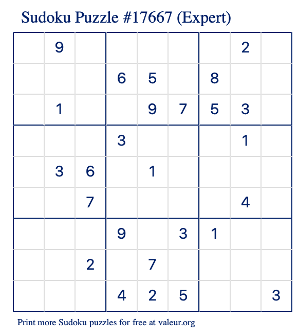 Free Printable Expert Sudoku Puzzle number 17667