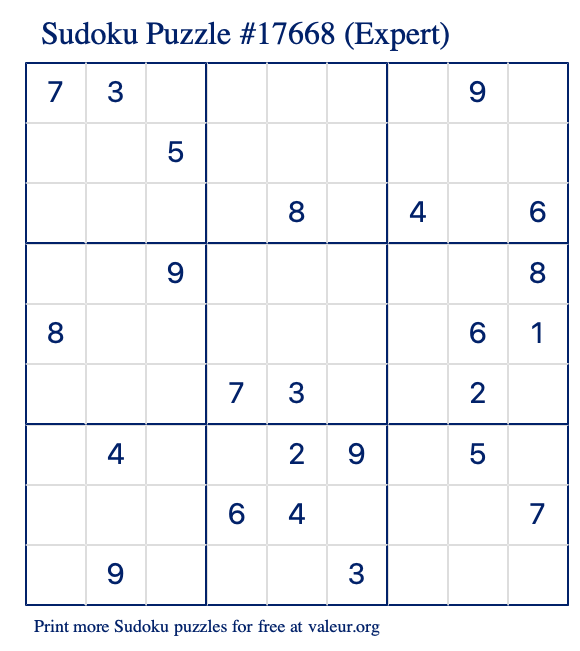 Free Printable Expert Sudoku Puzzle number 17668