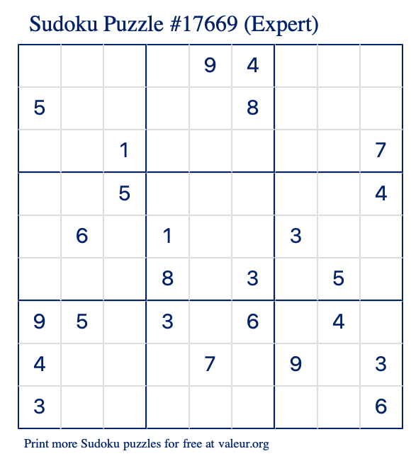 Free Printable Expert Sudoku Puzzle number 17669