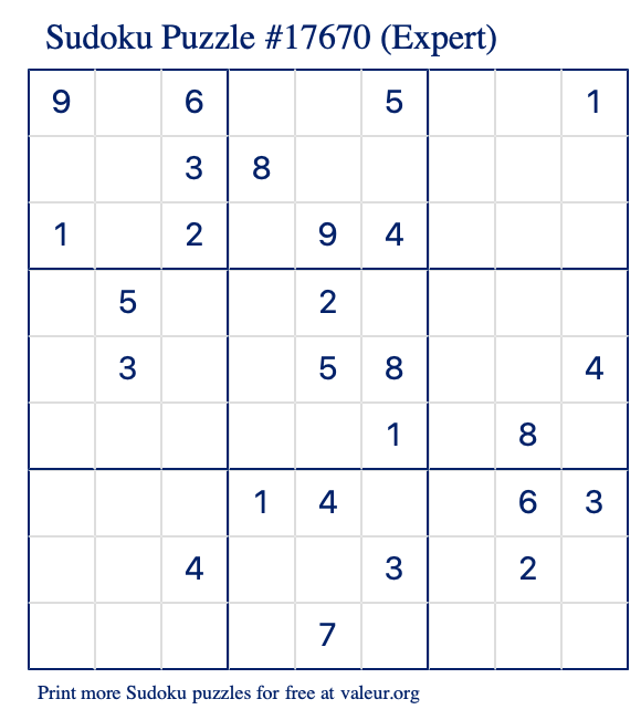 Free Printable Expert Sudoku Puzzle number 17670