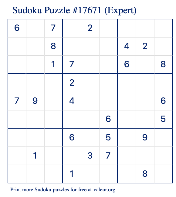 Free Printable Expert Sudoku Puzzle number 17671