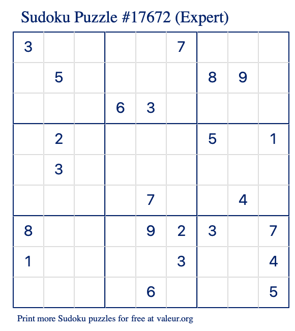 Free Printable Expert Sudoku Puzzle number 17672