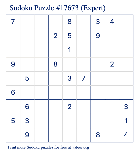 Free Printable Expert Sudoku Puzzle number 17673