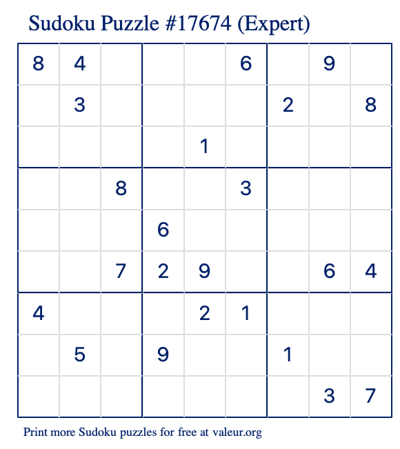 Free Printable Expert Sudoku Puzzle number 17674