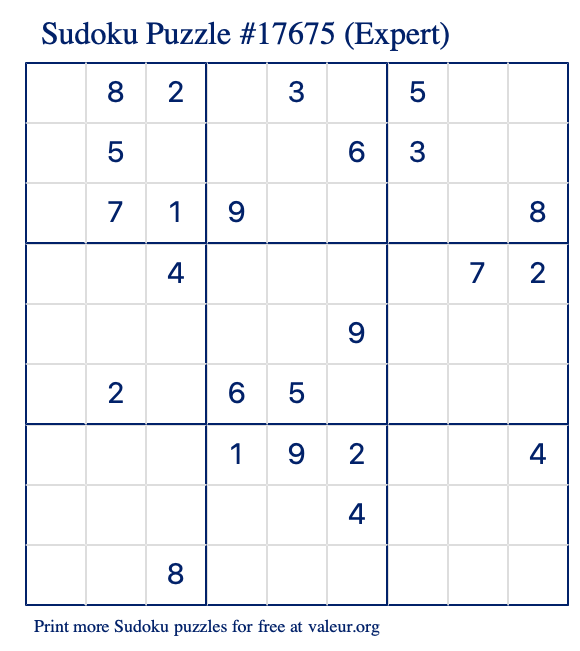 Free Printable Expert Sudoku Puzzle number 17675