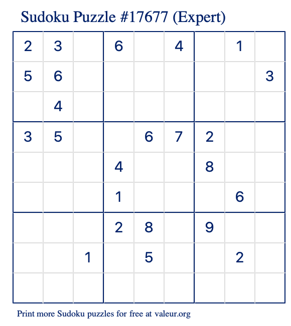 Free Printable Expert Sudoku Puzzle number 17677