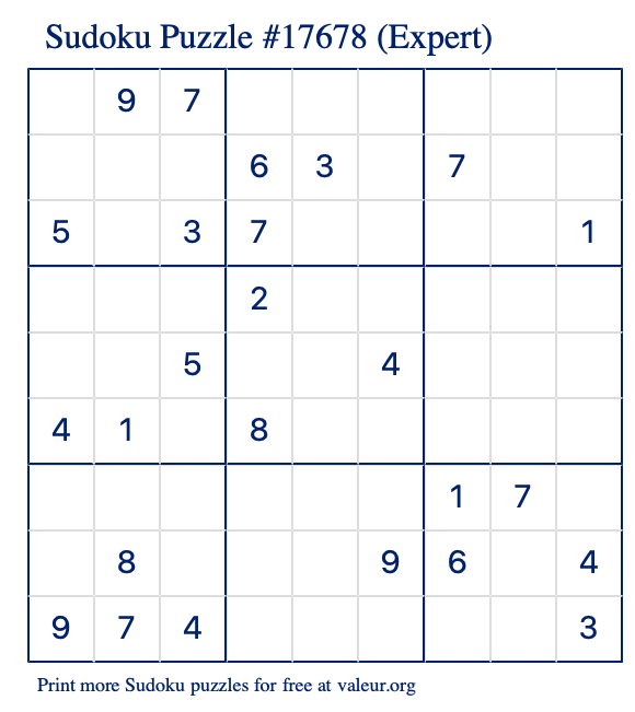 Free Printable Expert Sudoku Puzzle number 17678