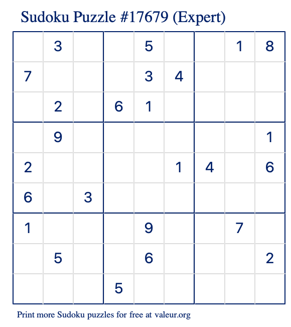 Free Printable Expert Sudoku Puzzle number 17679