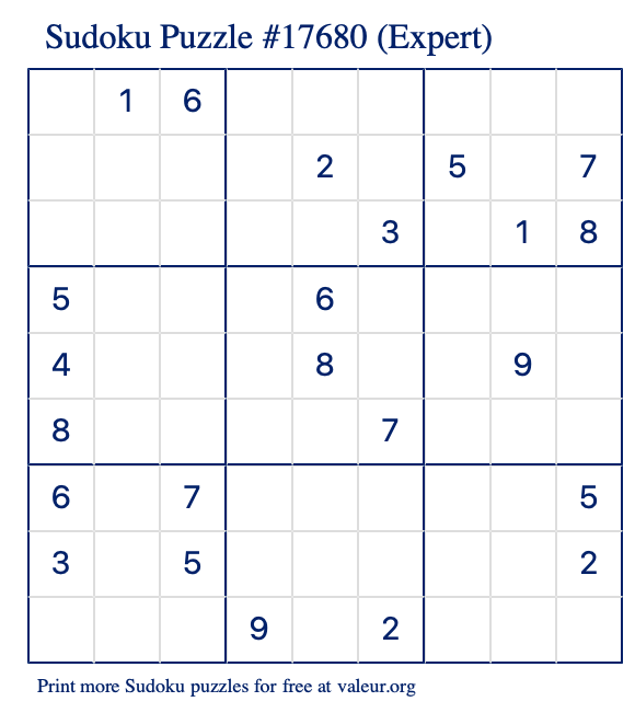 Free Printable Expert Sudoku Puzzle number 17680