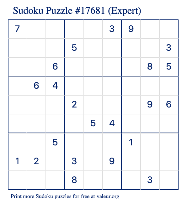 Free Printable Expert Sudoku Puzzle number 17681