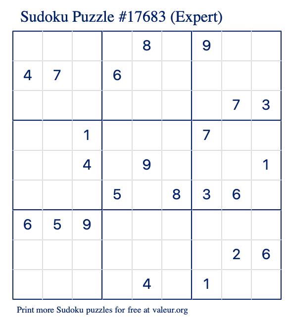 Free Printable Expert Sudoku Puzzle number 17683